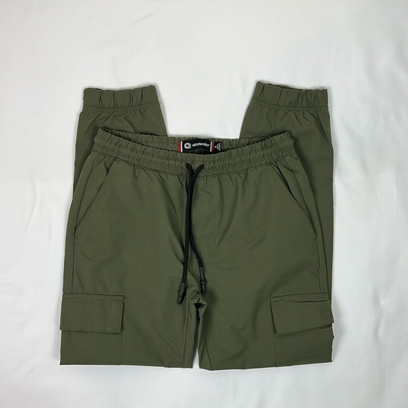 Akademiks Men Medium Olive Green Cargo Jogger Pockets Pant Drawstring Tie Waist - Picture 2 of 9